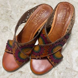 Latitste Hand-Painted Brown Leather Wedge Sandals with Multicolor Floral Accent